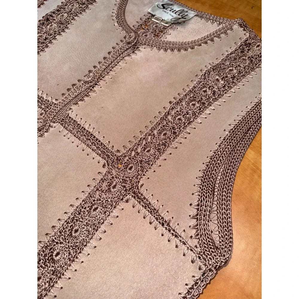 Scully Leather Crochet Knit Vest Mauve Tan Western Boho Suede Button Front Small